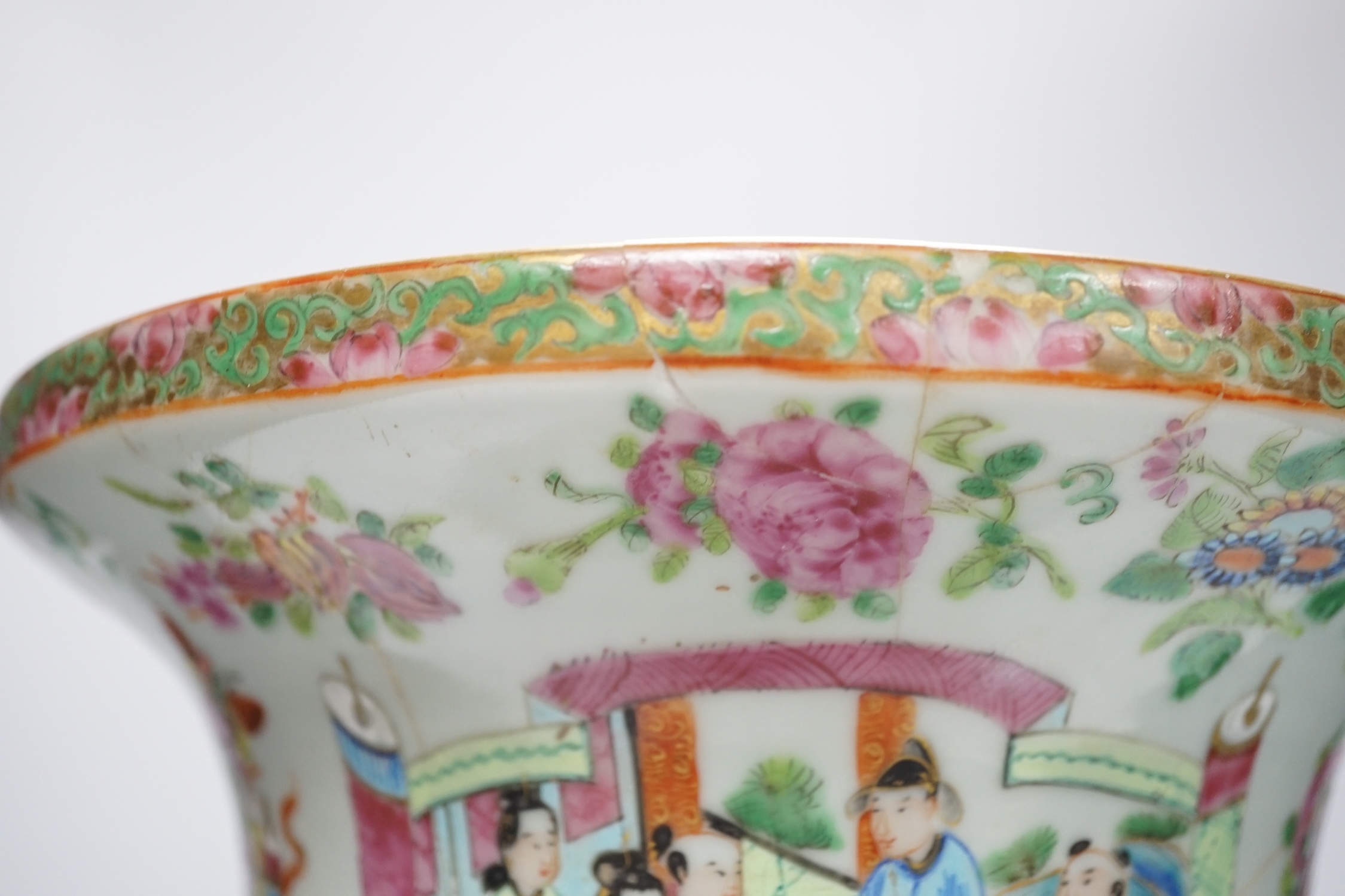 A large 19th century Chinese Canton famille rose vase, damaged and restored, 34cm